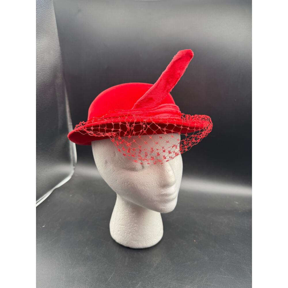 Red Velour Vintage 1960's with small Veil Bowler Style